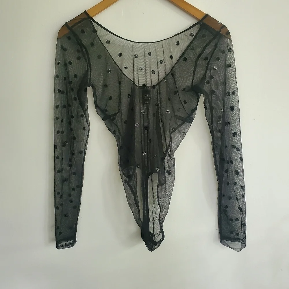 Victoria's Secret Black Sheer Sequin Dot Bodysuit